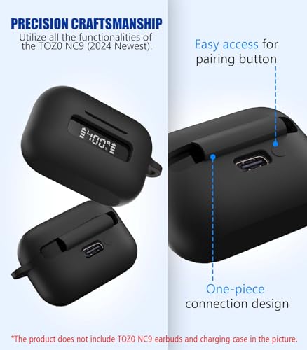for TOZ0 NC9(2024) Case Cover, Silicone Protective Battery Display Visible Design Cover ONLY for TOZO NC9 Hybrid Active Noise Cancelling Wireless Earbuds 2024 Version with Carabiner-Black - color: Black