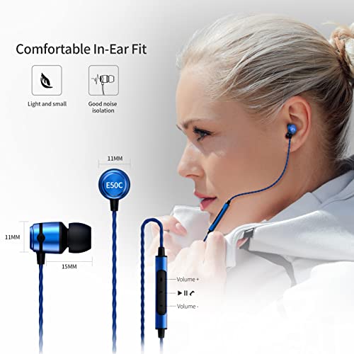 SoundMAGIC E50C Wired Earbuds, with Mic, in-Ear Monitor, 3.5mm Jack, Blue | Clear bass, Balanced HiFi sound, Noise isolation, Solid alloy shell, Inline mic & remote, Tangle-free cable, Comfortable fit - color: Blue