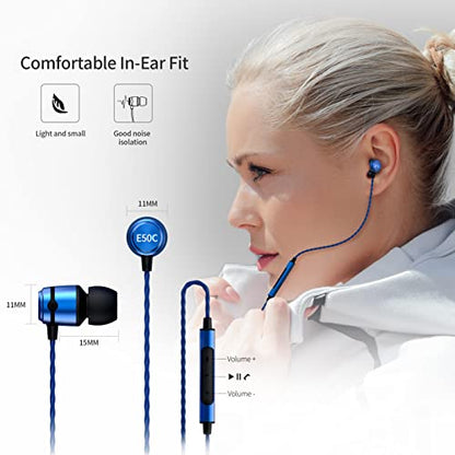 SoundMAGIC E50C Wired Earbuds, with Mic, in-Ear Monitor, 3.5mm Jack, Blue | Clear bass, Balanced HiFi sound, Noise isolation, Solid alloy shell, Inline mic & remote, Tangle-free cable, Comfortable fit - color: Blue