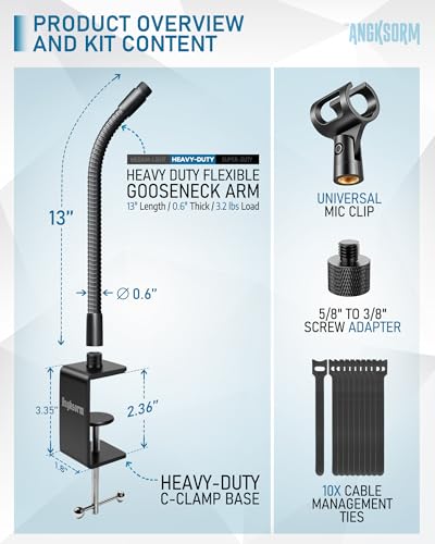 KC32 13-Inch Gooseneck Mic Stand, Heavy-Duty Desk Clamp for Podium | Flexible Arm Microphone Holder, Lectern Mount, 5/8-27 Thread, 3/8-16 Adapter, Mic Clip, Podcast, Pulpit, Studio, 3.2 lb Load - size: 13-INCH