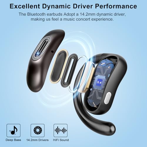 Qecnato Open Ear Headphones, Bluetooth 5.4 Earbuds, 50H, Air Conduction Ear Buds, HD Stereo Bass Over Ear Earphones with Earhooks, Ultra-Comfort Secure Fit, IPX7 Waterproof Headset for Working Sports | Air conduction, HD stereo bass, over-ear earhooks for