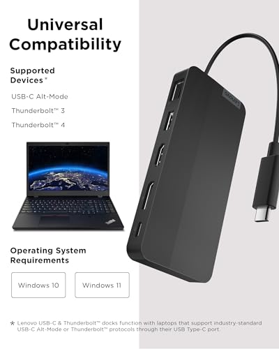 Lenovo USB-C 듀얼 디스플레이 여행용 도크 - 7 포트, 통합 케이블, 범용 호환성, 4K에서 디스플레이 2개 - 블랙 - style: USB 도크