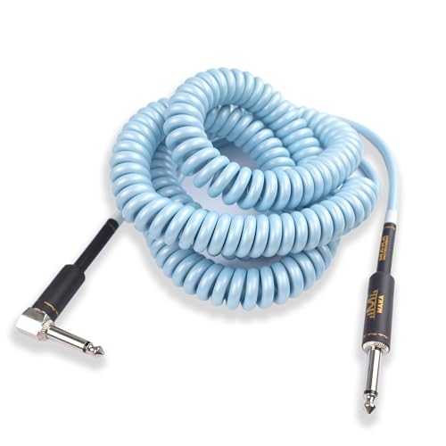 Sonic Blue Premium Guitar Coil Cable 20 Feet, Instrument Coiled Curly Cord for Guitar Bass, 1/4 inch Right Angle to Straight - size: 20' (Sonic Blue)