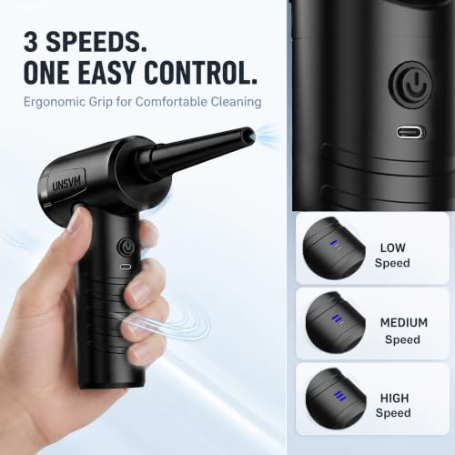 Compressed Air Duster, Efficient 55000RPM, Compact Design, Super Quiet | Electric Air Blower, Portable 3-Gear Rechargeable Cordless Dust Blower with LED Light for Keyboard Cleaning