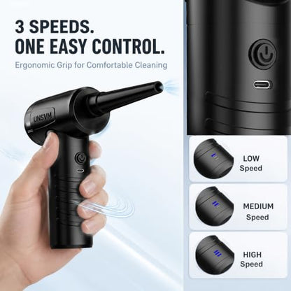 Compressed Air Duster, Efficient 55000RPM, Compact Design, Super Quiet | Electric Air Blower, Portable 3-Gear Rechargeable Cordless Dust Blower with LED Light for Keyboard Cleaning