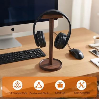Wood Headphone Stand Headset Stand for Deak Universal Headphone Holder with Storgae Base Handcrafted Desk Organizer for Gaming Headsets(Black Walnut)
