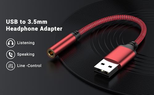 USB to Aux External Sound Card,USB to 3.5mm Jack Audio Adapter for PS4/PS5 | Aux to USB,USB to 3.5mm TRRS Female Headset for PS4/PS5/Headphone/Mac/Linux/Laptop/Desktops/Docking Station(Red)