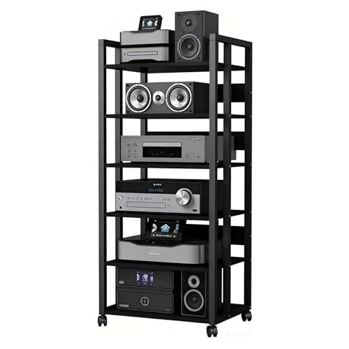 6-Tier AV Media Stand with Wheels, Audio Rack Cabinet | Heavy Duty Adjustable Metal Stereo Cabinet,Home Theater Component Cabinet for Record Player, DVD Player, Streaming Devices