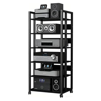 6-Tier AV Media Stand with Wheels, Audio Rack Cabinet | Heavy Duty Adjustable Metal Stereo Cabinet,Home Theater Component Cabinet for Record Player, DVD Player, Streaming Devices