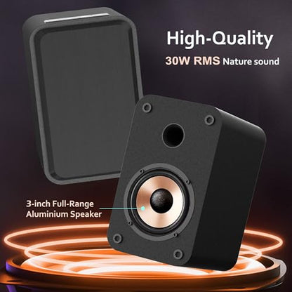 LONPOO Blueooth Computer Speakers for Desktop PC and Laptop, Plug-N-Play, 30W RMS Active Bookshelf Speaker with 3-Inch Full Range Speaker,Support USB Playback,Aux-in and 3.5mm Earphone Port