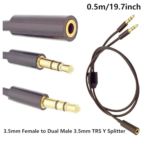 3.5mm 1 Female to 2 Male Stereo Audio Y Splitter Cable19.68inch | 3.5mm Adapter Splitter TRS Y Splitter Cable Gold-Plated Jack for Earphone PC Smartphone MP4 Speaker 50cm Black