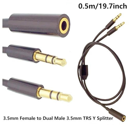 3.5mm 1 Female to 2 Male Stereo Audio Y Splitter Cable19.68inch | 3.5mm Adapter Splitter TRS Y Splitter Cable Gold-Plated Jack for Earphone PC Smartphone MP4 Speaker 50cm Black