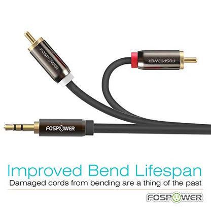 FosPower (6FT 3.5mm to 2 RCA Male Stereo Audio Cable Y Splitter Aux Cord | 3.5mm 1/8 to 2RCA male audio cable with 24K gold-plated connectors for HiFi sound on phone, HDTV, speakers & receivers. - size: 6 Feet