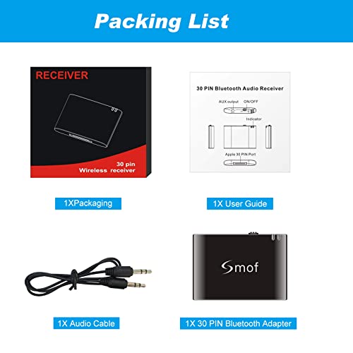 Smof 30 Pin Bluetooth Adapter Receiver | Compatible with Bose iPod iPhone JBL SoundDock, Not for Cars or Motorcycles