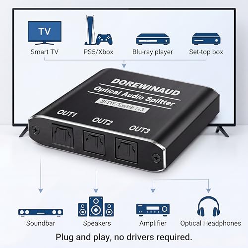 Optical Audio Splitter 1 in 3 Out with 3PCS Optical Audio Cable | Aluminum Shell Digital Toslink Audio Splitter 1x3 Supports Dolby Digital & DTS 5.1 for PS5 Xbox Blue-Ray DVD HDTV TV Box