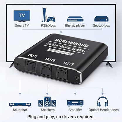 Optical Audio Splitter 1 in 3 Out with 3PCS Optical Audio Cable | Aluminum Shell Digital Toslink Audio Splitter 1x3 Supports Dolby Digital & DTS 5.1 for PS5 Xbox Blue-Ray DVD HDTV TV Box