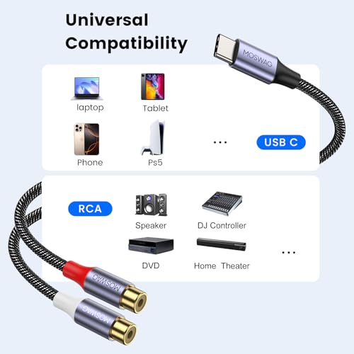 MOSWAG USB C 수 - 듀얼 암 RCA 스테레오 오디오 Y 스플리터 어댑터 케이블은 최대 하이파이 사운드 품질, 와이드, 자연스러운 사운드 스테이지 및 무색 사운드 허용 - size: 2 Pack