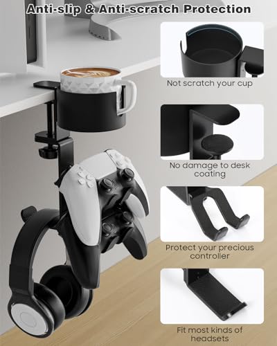 MoKo Desk Controller Holder with Headphone Hanger - 3 in 1 Rotating Desk Cup Organizer Gaming Accessories Stand Desk Clamp Mount Controller Stand for Xbox One/360, PS5, PS4, Switch, Steam, Black
