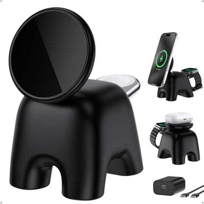 Magnetic Wireless Charging Station, Charger Stand for iPhone Apple Watch | 2026 2 in 1 Foldable Charger Stand 15W for iPhone 17 16 15 14 13 12 Pro Max, 5W for Apple Watch&Airpods, 30W Adapter included - color: Black