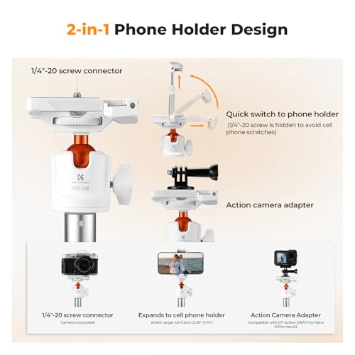 K&F CONCEPT 62'' Selfie Stick Tripod. | 2-in-1 Phone Holder, 360°Ball Head Compatible with DJI Osmo Pocket 4/3 GoPro 13/12 iPhone17. MS08 - color: White
