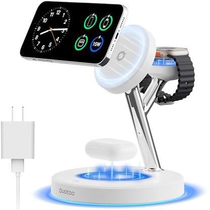 3 in 1 MagSafe Wireless Charger Stand for iPhone Apple Watch AirPods | Adjustable Blue Ambient Light,15W Magnetic Charging Station for iPhone 17 16 15 14 13 12 Series Wireless Charging Station - color: White