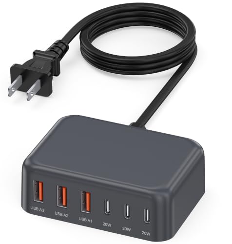 100W 6 in 1 USB Charger, 50% Smaller Charging Station for Multiple Devices | Fast Charging Blocks with Type C Port, USB Charging Hub Organizer Multiport Power Strip for iPhone,Samsung,Ipad,Kindle,Travel - color: F-Grey