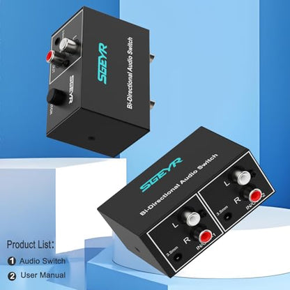 SGEYR RCA Switch 2 in 1 Out RCA switcher Selector 3.5mm Aux + RCA L/R Bi-Directional Stereo Audio Switcher A/B Analog Audio Switcher Black Metal Case