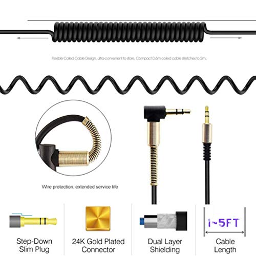 1-5ft 90 Degree Coiled Audio Cable, Compatible with iPhones, iPads, Samsung and Other 3.5mm DC Plug Port Devices, (Single-BLK)