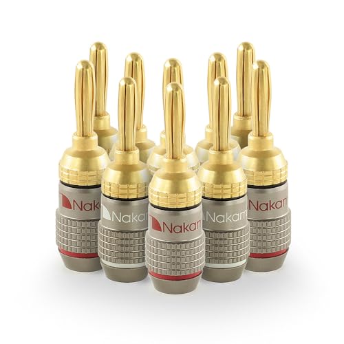 Nakamichi FanLock Excel Series 24k Gold Plated Banana Plugs, 10-18 AWG | Gauge Size 4mm for Speakers Amplifier Hi-Fi Stereo Radio AV Receiver Audio Wire Cable Quick Connector, 10 Pcs (5-Pairs) - size: 10 Pcs (5-Pairs)