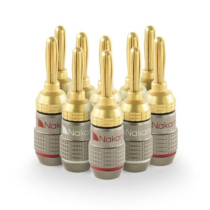 Nakamichi FanLock Excel Series 24k Gold Plated Banana Plugs, 10-18 AWG | Gauge Size 4mm for Speakers Amplifier Hi-Fi Stereo Radio AV Receiver Audio Wire Cable Quick Connector, 10 Pcs (5-Pairs) - size: 10 Pcs (5-Pairs)