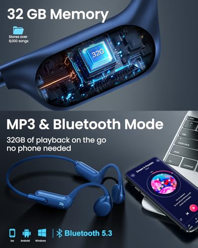 HIFI WALKER Waterproof Bone Conduction Headphones IPX8 for Swimming with 32GB MP3 Player, Bluetooth 5.3 Open-Ear Wireless Headphones for Running Cycling Gym - 8H Playtime & Fast Charging
