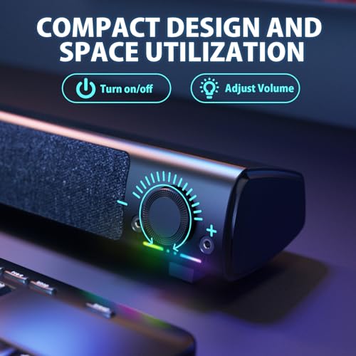 Computer Speakers, USB Powered 3.5mm AUX PC Sound Bar for Desktop Monitor, Gaming Speakers with Headphones & Microphone Link, Superb Stereo Sound, Plug-n-Play (Black) | USB-powered desktop PC soundbar with 3.5mm AUX and mic/headphone jack. Superb stereo s
