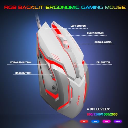 BlueFinger RGB Gaming Keyboard and Backlit Mouse and Headset Combo, USB Wired Backlit Keyboard, LED Gaming Mouse Set, Headset with Microphone for Laptop PC Computer Game and Work, White - color: White
