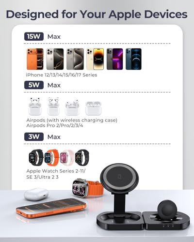 Wireless Charger for iPhone, 3-in-1 Magnetic Charging Station, Foldable - color: Apple Black