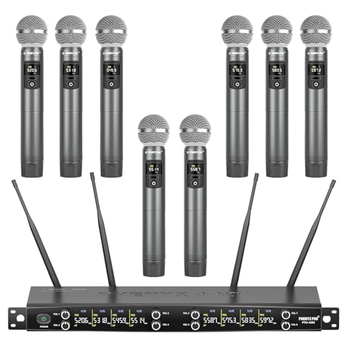 Phenyx Pro 8-Ch UHF Metal Dynamic Wireless Microphone System PTU-4200-8H | 8 Handheld Mics, 8 x 20 Frequencies, 200 ft Range, Karaoke, Church Services, DJ Sets