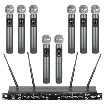 Phenyx Pro 8-Ch UHF Metal Dynamic Wireless Microphone System PTU-4200-8H | 8 Handheld Mics, 8 x 20 Frequencies, 200 ft Range, Karaoke, Church Services, DJ Sets