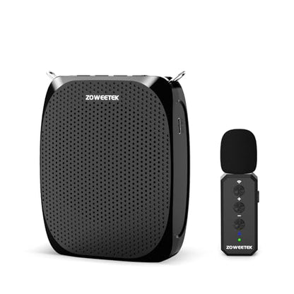 ZOWEETEK Wireless Voice Amplifier with Lavalier Mic for Teachers | Portable Speaker, Clip-On Microphone, Mini Design, Personal Mic System, for Speech, Meeting, Yoga - color: Black