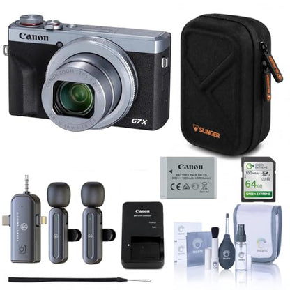 Canon PowerShot G7 X Mark III Digital Camera Bundle with 64GB SD Card, Wireless Lavalier Microphone System, Hardshell Camera Case, Card Reader & Cleaning Kit (Silver)