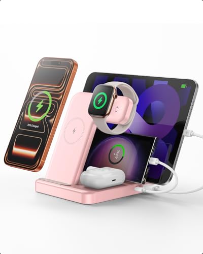 Multiple Devices Charging Station, 5-in-1 Charging Station for iPhone 17 Pro Max/Pro/16/15/14/13/12, iPad Pro/Air/Mini, Apple Watch and Airpods,Wireless Charging Dock(G805) (Pink) - color: Pink