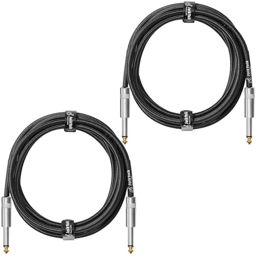 2-Pack 10 Feet Tweed Braided 1/4 Inch TS Guitar Cables, Black | Strain relief, Anti-kink, no signal loss, fit electric guitar, bass, amp - color: Black, size: 10ft