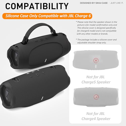 SIKAI CASE Silicone Case Compatible with JBL Charge 6, Portable Speaker Mount with Adjustable Strap & Detachable Shoulder Strap for Bike, Motorcycle, Golf Cart, Boat Railing, Case Only - color: Black