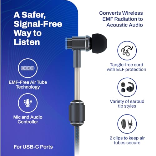 DefenderShield EMF Protection Air Tube Wired Earphones with Foam Tips | EMF Wired Earbuds with Microphone – Built-In Audio Controls & 3 Ear Tip Sizes, USB-C Plug For Gaming/PC/Computer/iPad/Phone - style: USB-C with Foam Tips