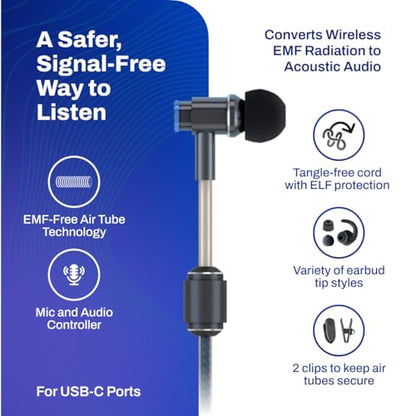 DefenderShield EMF Protection Air Tube Wired Earphones with Foam Tips | EMF Wired Earbuds with Microphone – Built-In Audio Controls & 3 Ear Tip Sizes, USB-C Plug For Gaming/PC/Computer/iPad/Phone - style: USB-C with Foam Tips