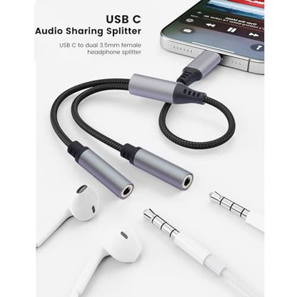 USB C to Dual 3.5mm Female Headphone Splitter,USBC to 3.5mm splitter | Share Audio with 2 Headphones,Compatible with iPhone 17 16 15 Galaxy S25 S24 S23 S22 Plus Pro Max Ultra Pixel iPad
