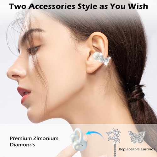 Clip on Earbuds with Detachable Butterfly & Star Jewelry Earrings Lightweight Bluetooth 6.0 Open Ear Wireless Headphones for Women Gifts Sport Workout