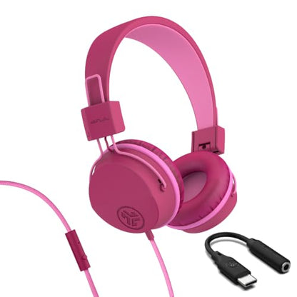 JLab, JBuddies Studio, Kids Wired on-Ear Headphones, Bundle with USB-C Adapter, Volume limiting, Foldable, Dark Pink - color: Dark Pink, size: Bundles