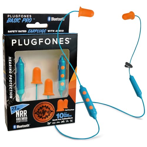 Plugfones Basic Pro Bluetooth Earplug Headphones for Work, OSHA Compliant | 25dB NRR Hearing Protection Earplugs, Wireless Safety Earbuds, Noise Isolating Mic, Construction, Warehouse, Blue & Yellow - color: Blue, Orange