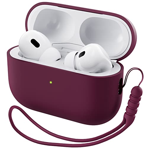 ORNARTO for AirPods Pro 2 Case, Hybrid Silicone, Wine Red | Hybrid Silicone Rubber, Front LED Visible, Wireless Charging, Skin-Friendly Soft Touch, Anti-Scratch, Detachable Lanyard - color: Wine Red