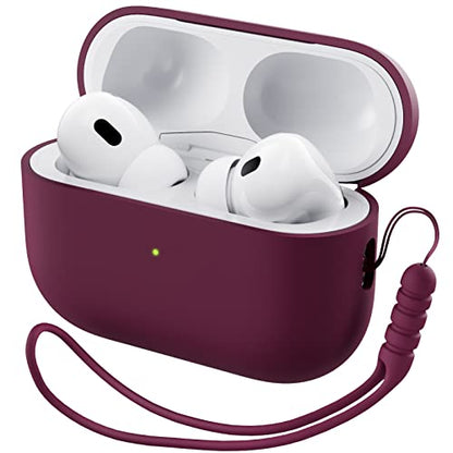 ORNARTO for AirPods Pro 2 Case, Hybrid Silicone, Wine Red | Hybrid Silicone Rubber, Front LED Visible, Wireless Charging, Skin-Friendly Soft Touch, Anti-Scratch, Detachable Lanyard - color: Wine Red