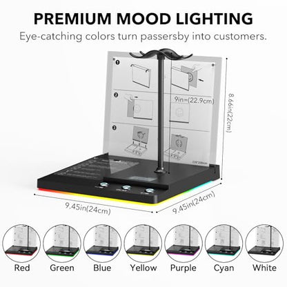 1Mii DemoStation B3+ Bluetooth Audio Demo Stand for Dual Headphones Display | Headset stand for Gaming, Retail Store and Trade Show, RGB Lighting Acrylic Desk Holder with USB-C Charging/Optical/3.5mm AUX